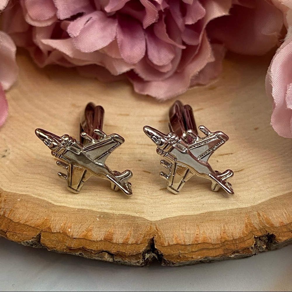 Silver Military Fighter Jet Airplane Cufflinks - Picture 7 of 15